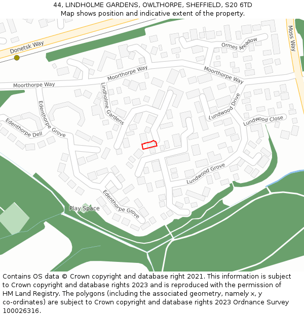 44, LINDHOLME GARDENS, OWLTHORPE, SHEFFIELD, S20 6TD: Location map and indicative extent of plot