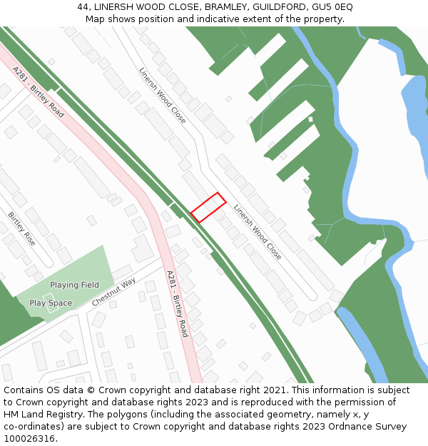 44, LINERSH WOOD CLOSE, BRAMLEY, GUILDFORD, GU5 0EQ: Location map and indicative extent of plot