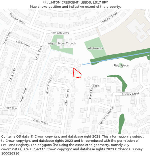 44, LINTON CRESCENT, LEEDS, LS17 8PY: Location map and indicative extent of plot