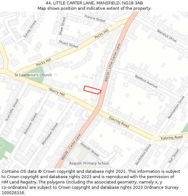 44, LITTLE CARTER LANE, MANSFIELD, NG18 3AB: Location map and indicative extent of plot