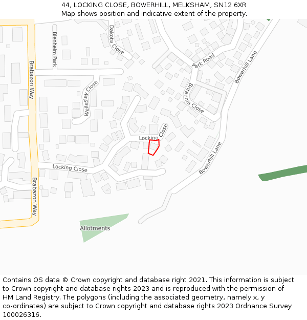 44, LOCKING CLOSE, BOWERHILL, MELKSHAM, SN12 6XR: Location map and indicative extent of plot