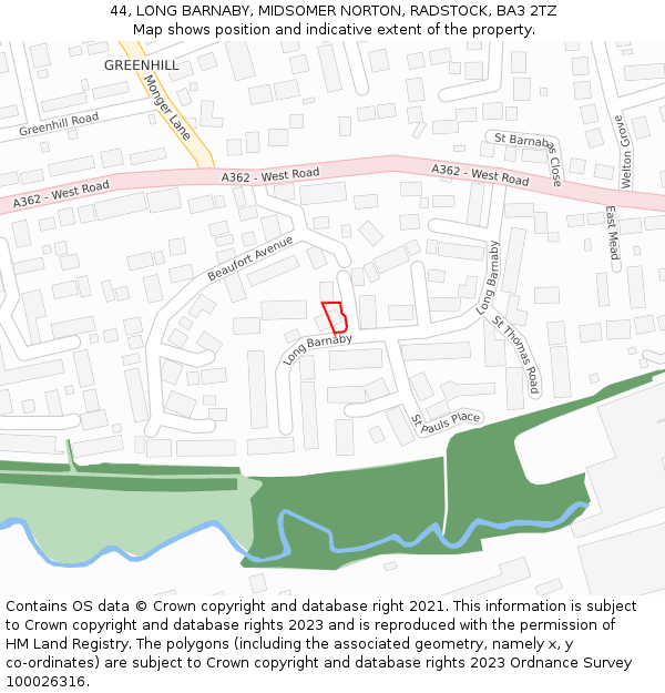 44, LONG BARNABY, MIDSOMER NORTON, RADSTOCK, BA3 2TZ: Location map and indicative extent of plot