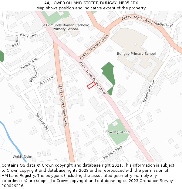 44, LOWER OLLAND STREET, BUNGAY, NR35 1BX: Location map and indicative extent of plot