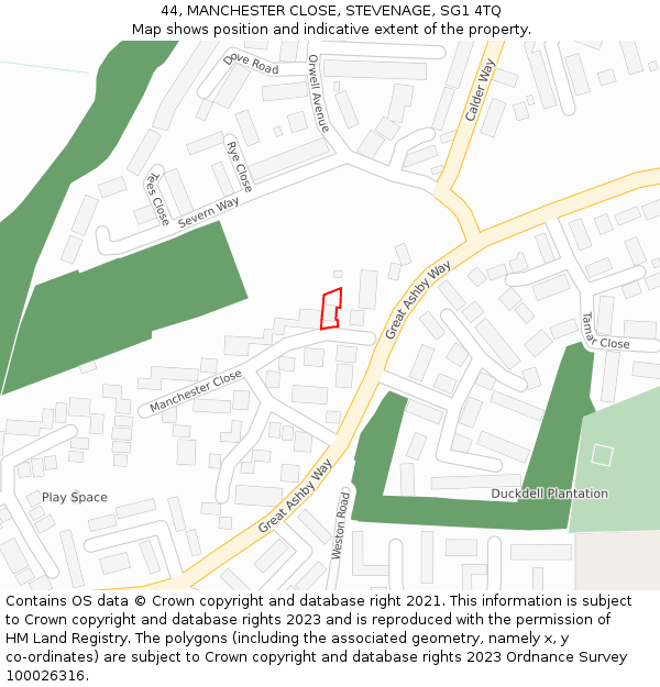 44, MANCHESTER CLOSE, STEVENAGE, SG1 4TQ: Location map and indicative extent of plot