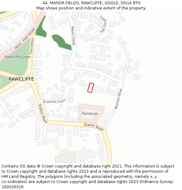 44, MANOR FIELDS, RAWCLIFFE, GOOLE, DN14 8TN: Location map and indicative extent of plot