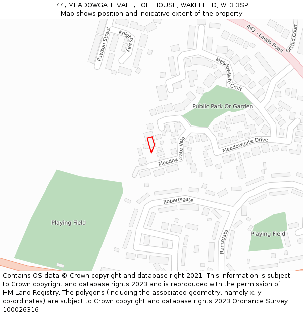 44, MEADOWGATE VALE, LOFTHOUSE, WAKEFIELD, WF3 3SP: Location map and indicative extent of plot