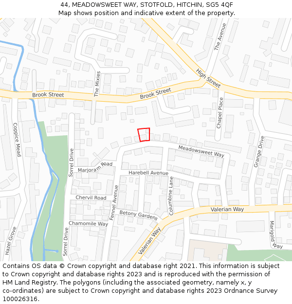 44, MEADOWSWEET WAY, STOTFOLD, HITCHIN, SG5 4QF: Location map and indicative extent of plot