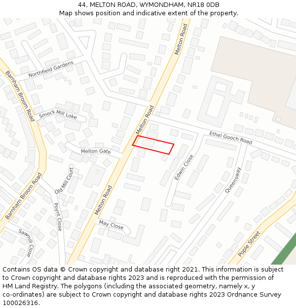 44, MELTON ROAD, WYMONDHAM, NR18 0DB: Location map and indicative extent of plot