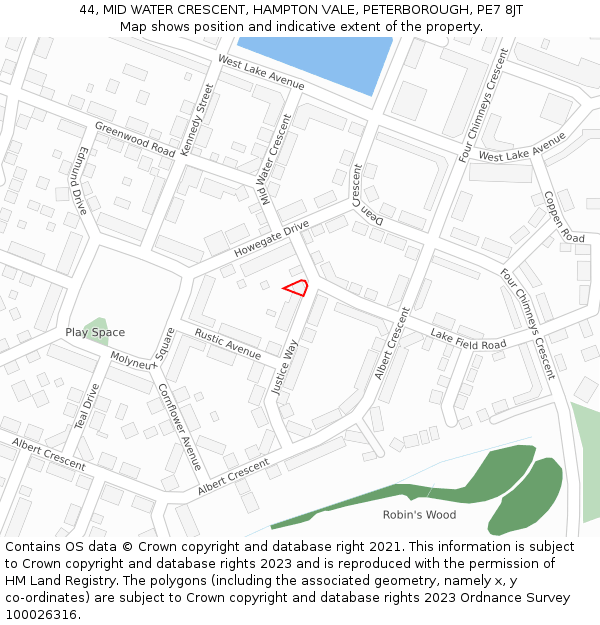 44, MID WATER CRESCENT, HAMPTON VALE, PETERBOROUGH, PE7 8JT: Location map and indicative extent of plot