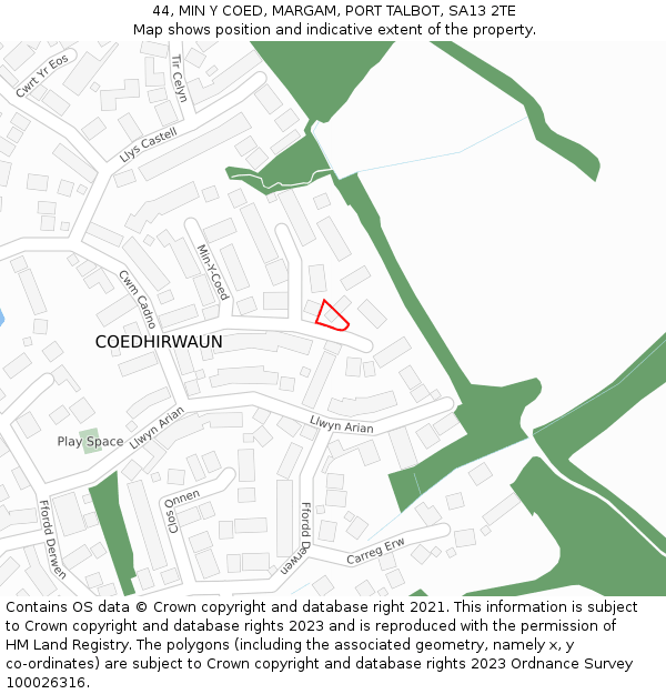 44, MIN Y COED, MARGAM, PORT TALBOT, SA13 2TE: Location map and indicative extent of plot
