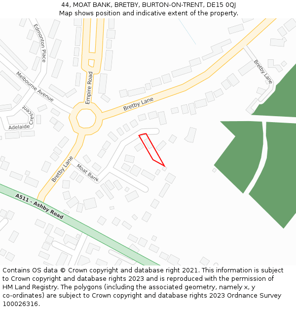 44, MOAT BANK, BRETBY, BURTON-ON-TRENT, DE15 0QJ: Location map and indicative extent of plot