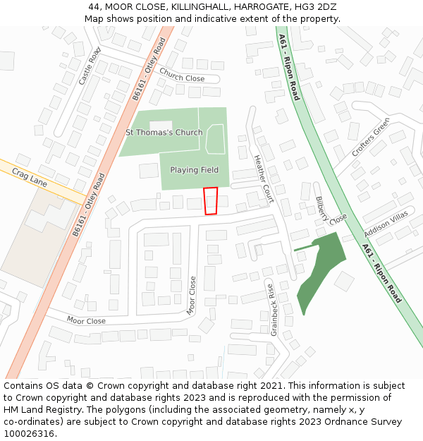 44, MOOR CLOSE, KILLINGHALL, HARROGATE, HG3 2DZ: Location map and indicative extent of plot