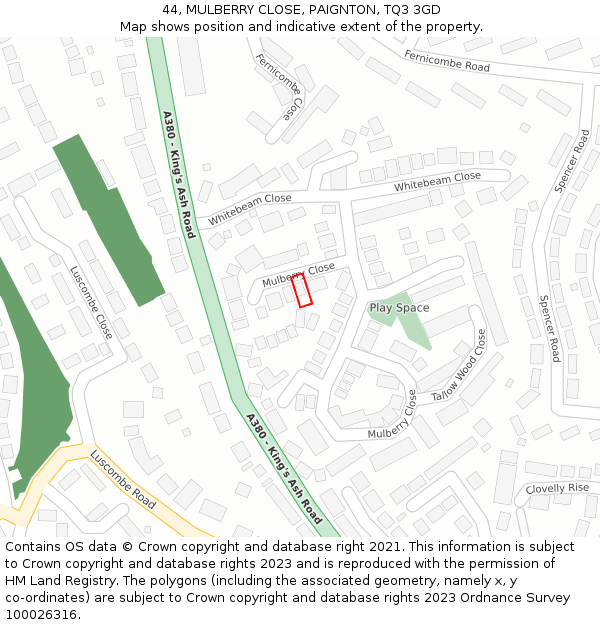 44, MULBERRY CLOSE, PAIGNTON, TQ3 3GD: Location map and indicative extent of plot