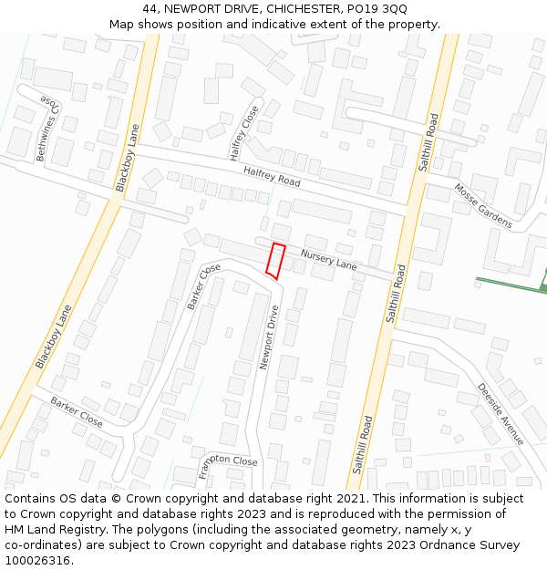44, NEWPORT DRIVE, CHICHESTER, PO19 3QQ: Location map and indicative extent of plot