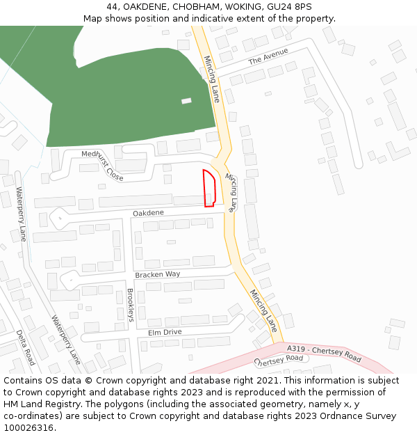 44, OAKDENE, CHOBHAM, WOKING, GU24 8PS: Location map and indicative extent of plot