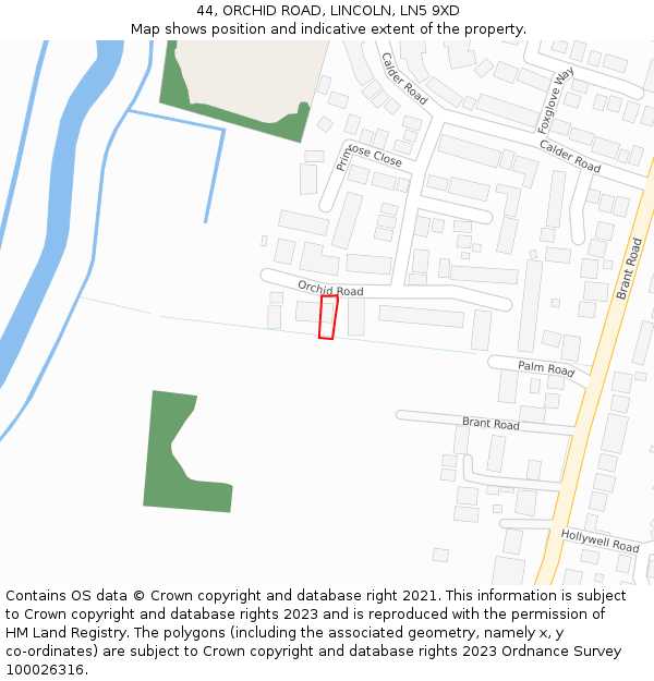 44, ORCHID ROAD, LINCOLN, LN5 9XD: Location map and indicative extent of plot