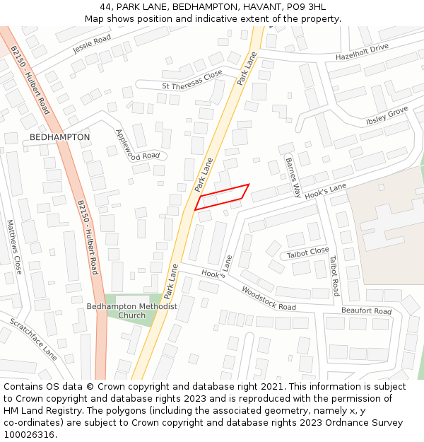 44, PARK LANE, BEDHAMPTON, HAVANT, PO9 3HL: Location map and indicative extent of plot