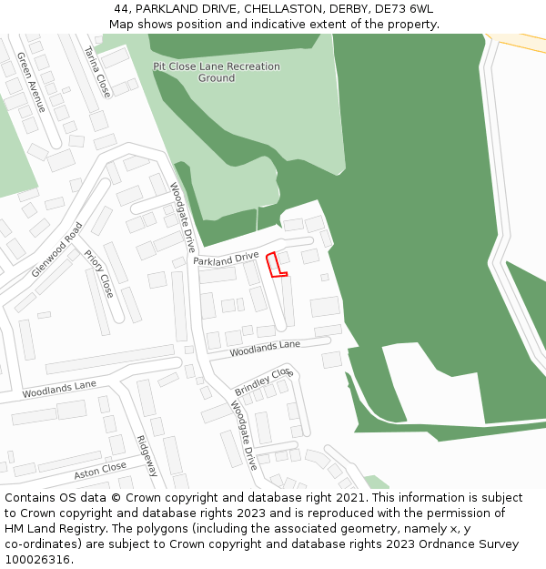 44, PARKLAND DRIVE, CHELLASTON, DERBY, DE73 6WL: Location map and indicative extent of plot