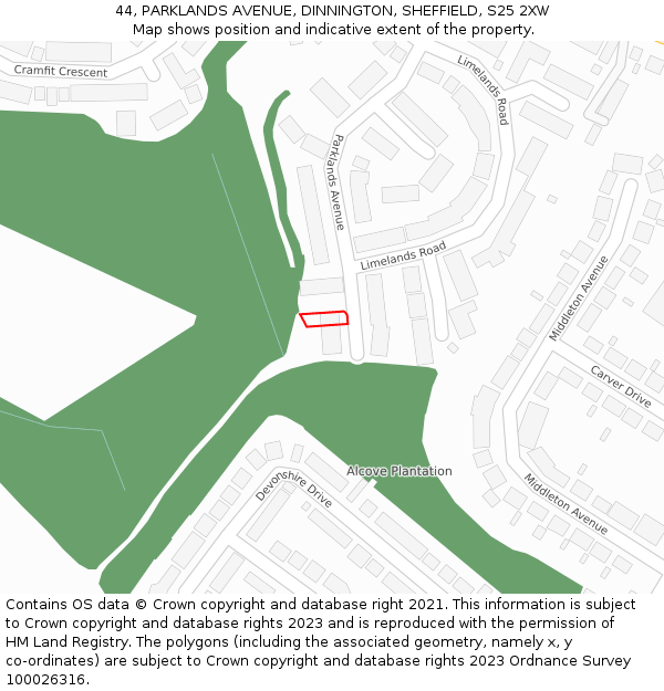 44, PARKLANDS AVENUE, DINNINGTON, SHEFFIELD, S25 2XW: Location map and indicative extent of plot