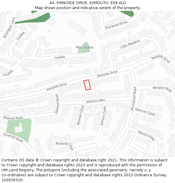 44, PARKSIDE DRIVE, EXMOUTH, EX8 4LD: Location map and indicative extent of plot