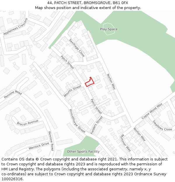 44, PATCH STREET, BROMSGROVE, B61 0FX: Location map and indicative extent of plot