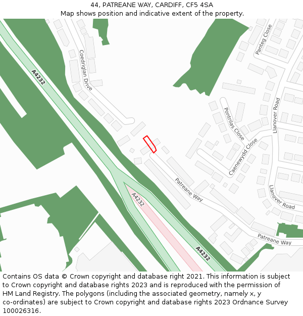 44, PATREANE WAY, CARDIFF, CF5 4SA: Location map and indicative extent of plot