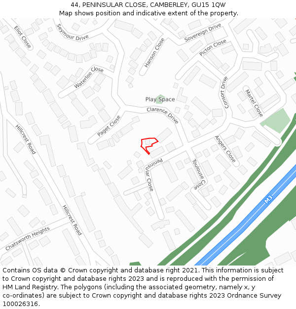 44, PENINSULAR CLOSE, CAMBERLEY, GU15 1QW: Location map and indicative extent of plot
