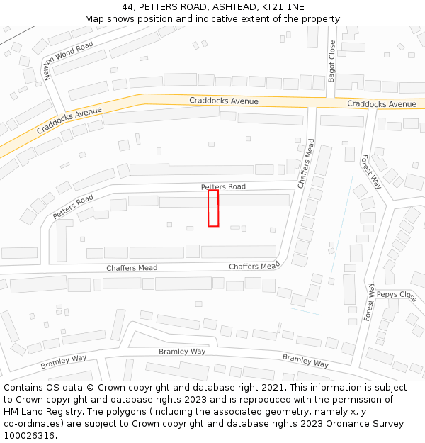 44, PETTERS ROAD, ASHTEAD, KT21 1NE: Location map and indicative extent of plot
