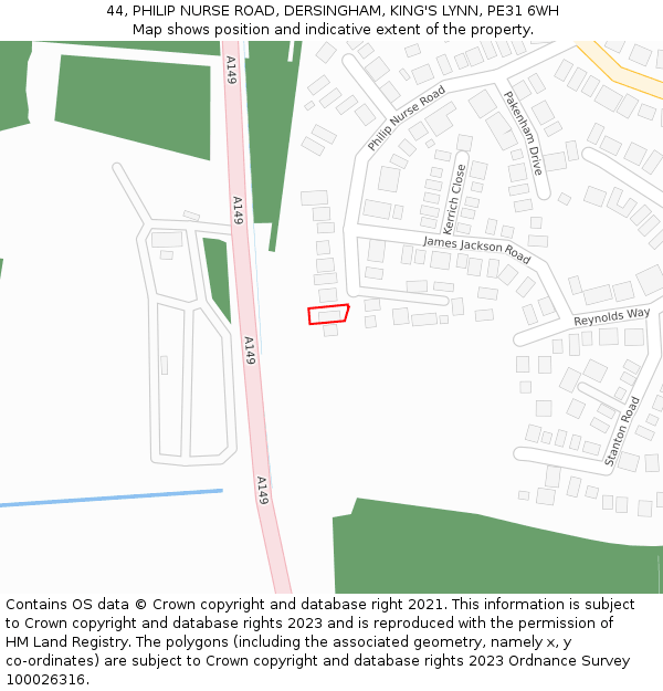 44, PHILIP NURSE ROAD, DERSINGHAM, KING'S LYNN, PE31 6WH: Location map and indicative extent of plot