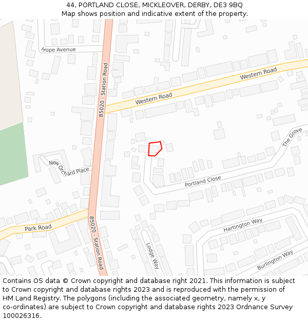 44, PORTLAND CLOSE, MICKLEOVER, DERBY, DE3 9BQ: Location map and indicative extent of plot