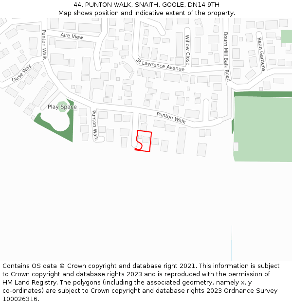 44, PUNTON WALK, SNAITH, GOOLE, DN14 9TH: Location map and indicative extent of plot