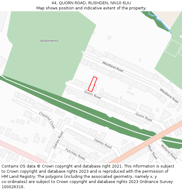 44, QUORN ROAD, RUSHDEN, NN10 6UU: Location map and indicative extent of plot