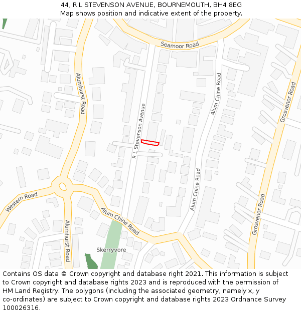 44, R L STEVENSON AVENUE, BOURNEMOUTH, BH4 8EG: Location map and indicative extent of plot