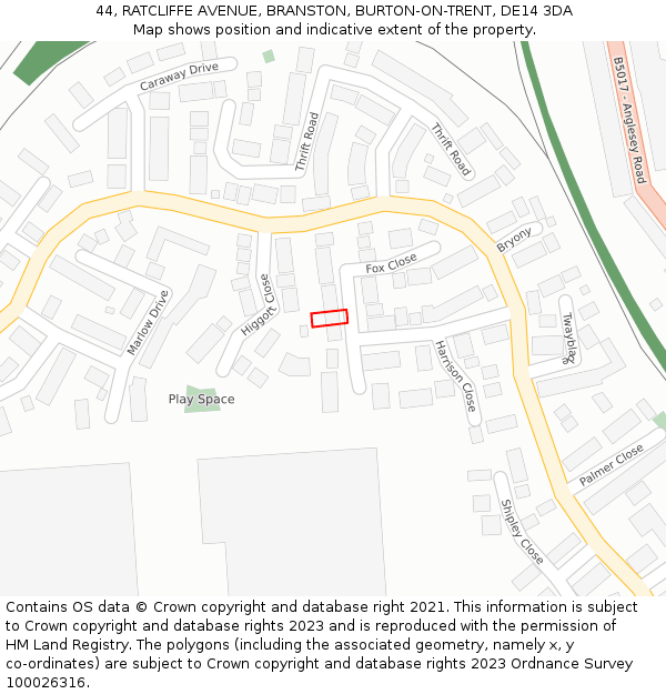 44, RATCLIFFE AVENUE, BRANSTON, BURTON-ON-TRENT, DE14 3DA: Location map and indicative extent of plot
