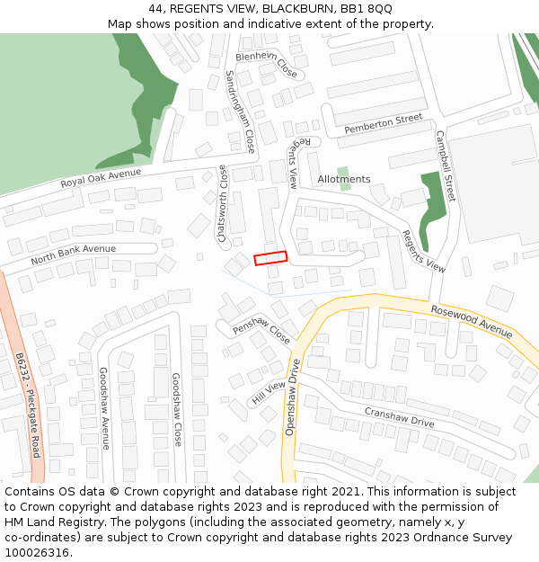 44, REGENTS VIEW, BLACKBURN, BB1 8QQ: Location map and indicative extent of plot