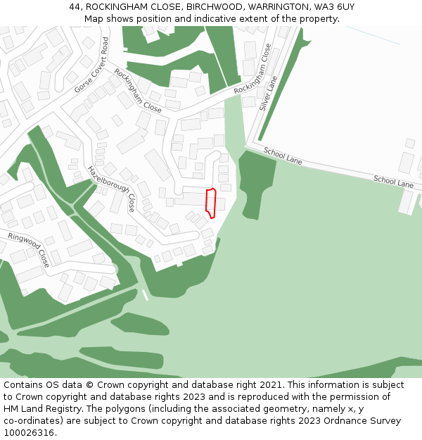 44, ROCKINGHAM CLOSE, BIRCHWOOD, WARRINGTON, WA3 6UY: Location map and indicative extent of plot