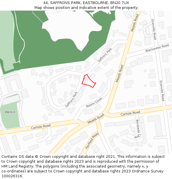 44, SAFFRONS PARK, EASTBOURNE, BN20 7UX: Location map and indicative extent of plot