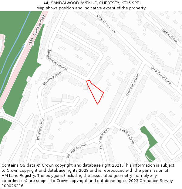 44, SANDALWOOD AVENUE, CHERTSEY, KT16 9PB: Location map and indicative extent of plot