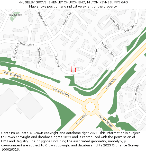 44, SELBY GROVE, SHENLEY CHURCH END, MILTON KEYNES, MK5 6AG: Location map and indicative extent of plot