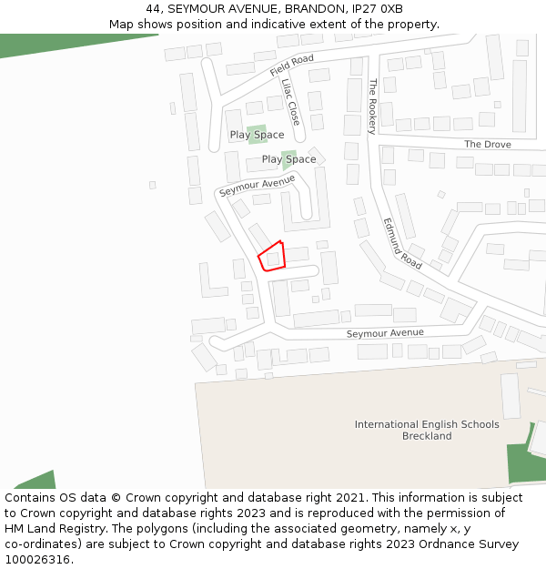 44, SEYMOUR AVENUE, BRANDON, IP27 0XB: Location map and indicative extent of plot