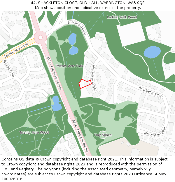 44, SHACKLETON CLOSE, OLD HALL, WARRINGTON, WA5 9QE: Location map and indicative extent of plot