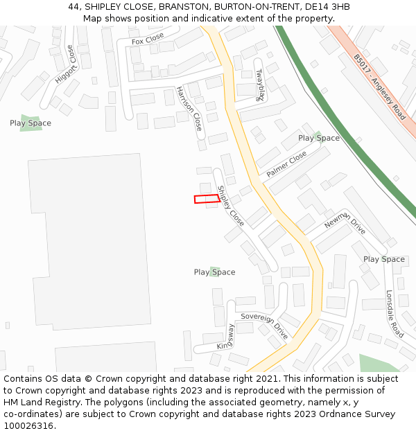 44, SHIPLEY CLOSE, BRANSTON, BURTON-ON-TRENT, DE14 3HB: Location map and indicative extent of plot