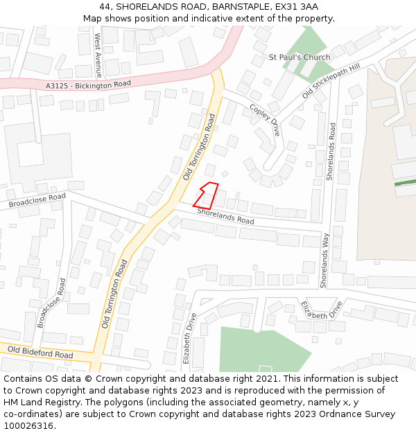 44, SHORELANDS ROAD, BARNSTAPLE, EX31 3AA: Location map and indicative extent of plot