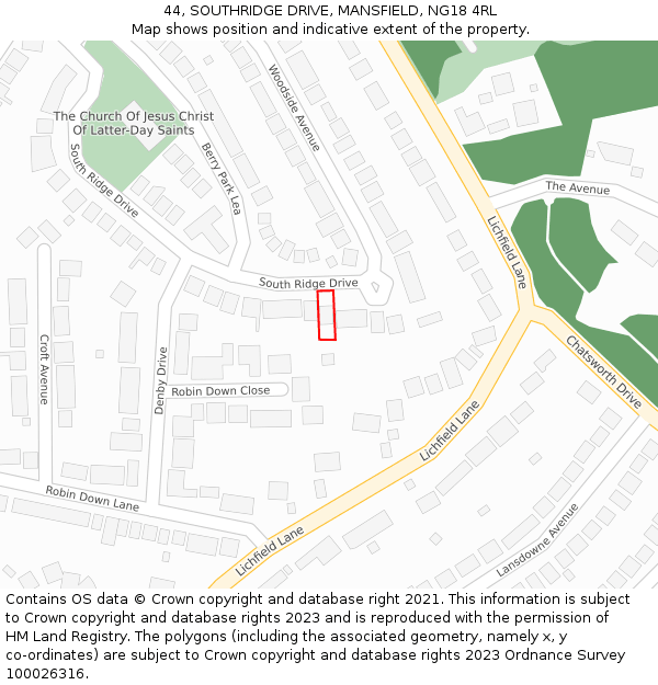 44, SOUTHRIDGE DRIVE, MANSFIELD, NG18 4RL: Location map and indicative extent of plot