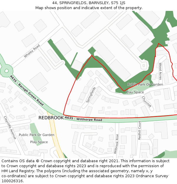 44, SPRINGFIELDS, BARNSLEY, S75 1JS: Location map and indicative extent of plot