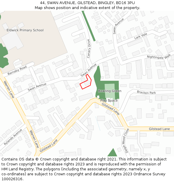 44, SWAN AVENUE, GILSTEAD, BINGLEY, BD16 3PU: Location map and indicative extent of plot