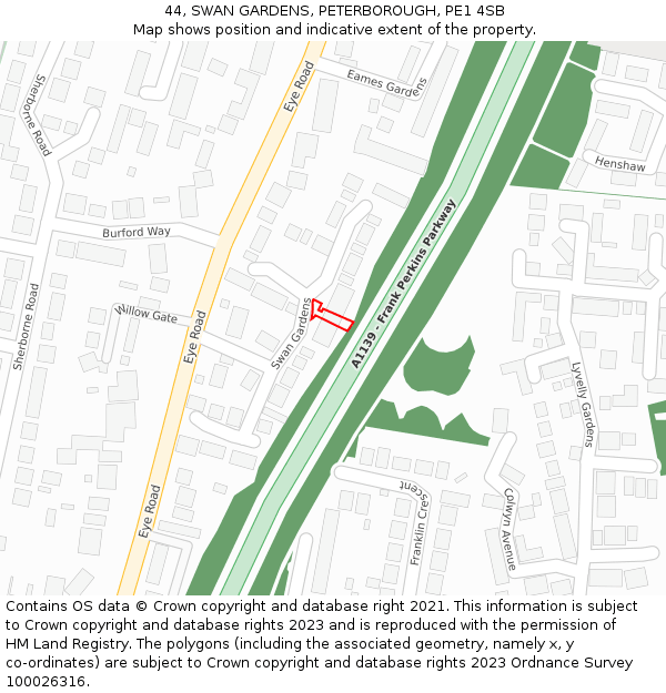 44, SWAN GARDENS, PETERBOROUGH, PE1 4SB: Location map and indicative extent of plot