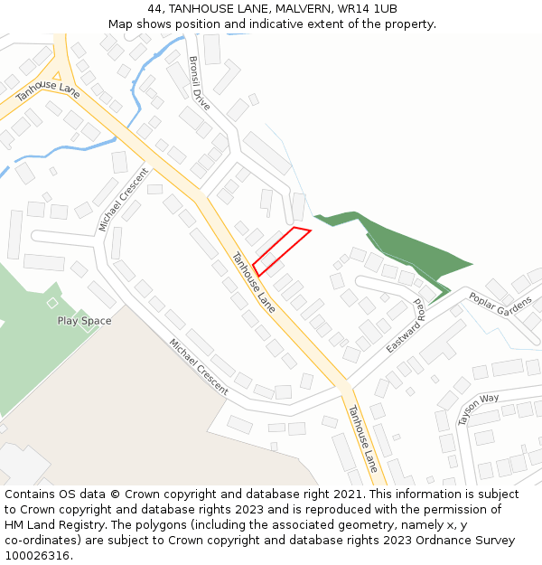 44, TANHOUSE LANE, MALVERN, WR14 1UB: Location map and indicative extent of plot