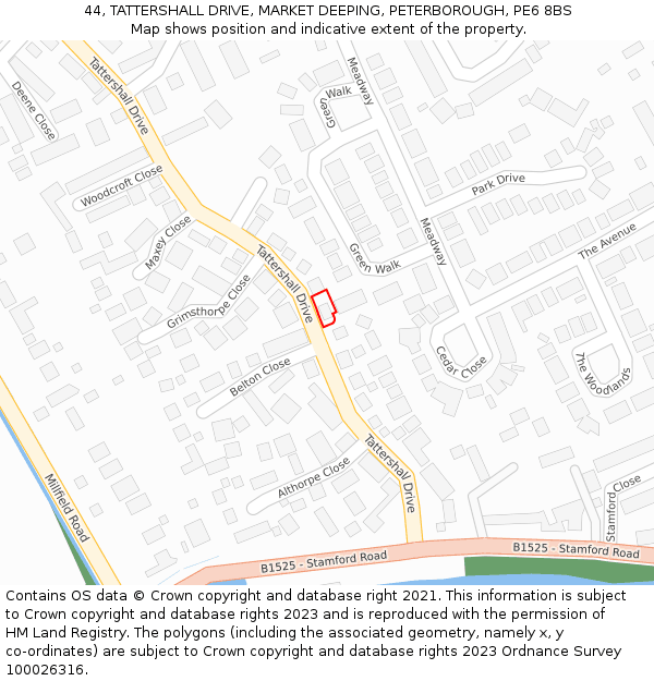 44, TATTERSHALL DRIVE, MARKET DEEPING, PETERBOROUGH, PE6 8BS: Location map and indicative extent of plot