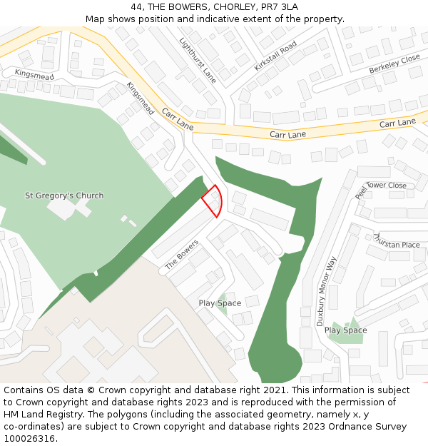 44, THE BOWERS, CHORLEY, PR7 3LA: Location map and indicative extent of plot